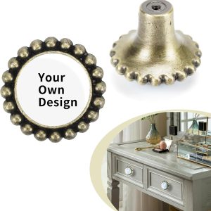 1 Pack Custom HD Printed Text and Design Round Vintage Knobs with Clear Transparent Glass Overlay – Antiqued Bronze Finish with Vintage Beaded Edges – Ideal for Furniture and Cabinets