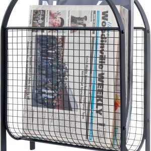 MyGift Mid-Century Design Magazine Rack, Matte Black Tone Metal Mesh Freestanding Magazine Organizer Holder Sling