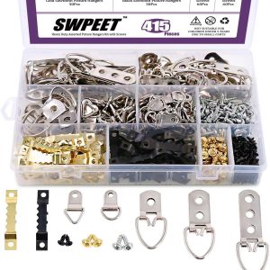 Swpeet 415Pcs Picture Hangers Kit with Screws, Heavy Duty Assorted Picture Hangers Assortment Kit for Picture Hanging Solutions with Transparent Box - 7 Models