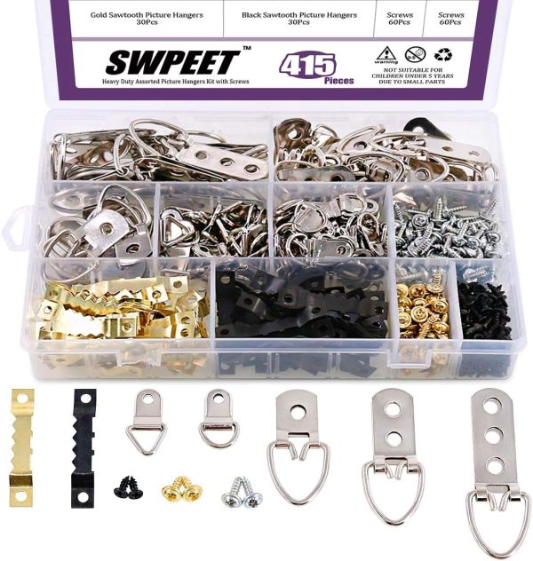 Swpeet 415Pcs Picture Hangers Kit with Screws, Heavy Duty Assorted Picture Hangers Assortment Kit for Picture Hanging Solutions with Transparent Box - 7 Models